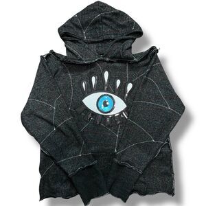 OOAK Upcycled Reworked Black Sequin Patch Eye Bee Franken Hoodie Sweatshirt S/M